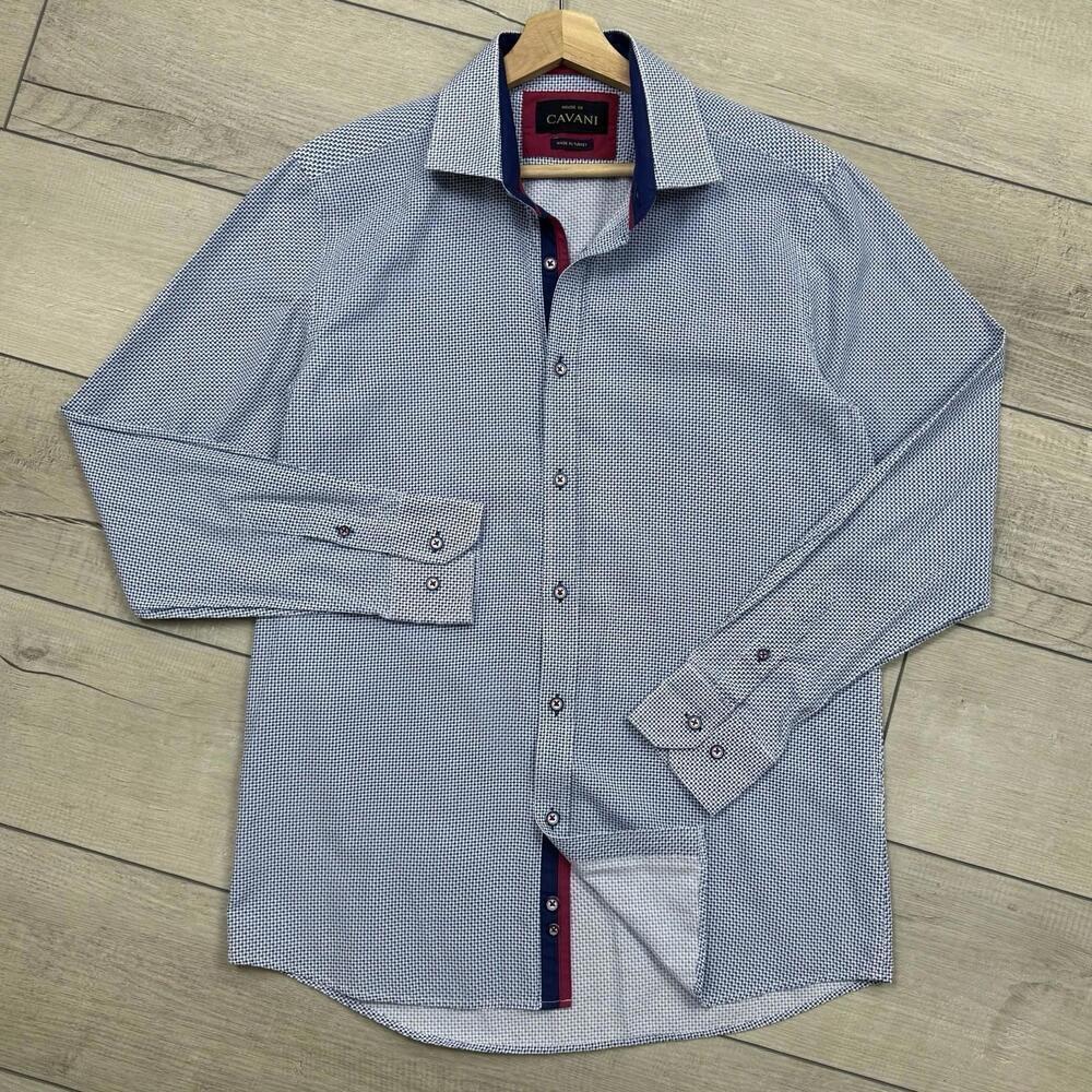 House of Cavani Slim Fit Dress Shirt Blue White Micro Houndstooth Cotton Men SzL